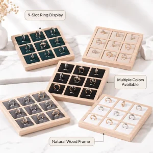 9 Slot Wood Ring Display Tray Artisanal Jewelry Organizer Nordic Minimalist 3×3 Grid Walnut Finish Stand