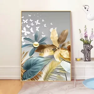 A set Gold butterfly leaf mural art Nordic print oil painting living room art Deco design decorative poster