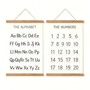 ABC Number Alphabet Learning Poster with Oak Wood Magnetic Hanger Custom 12×16 18×24 Inch Preschool Wall Decor Educational Print