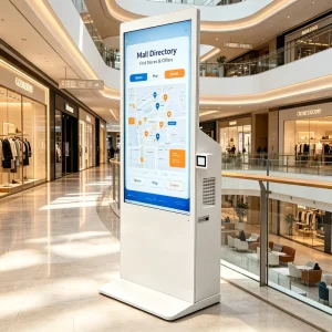 AIYOS Floor Standing Information Kiosk with QR Code Scanner Touch Screen Built-in 100W Audio and Optional AI Knowledge Base