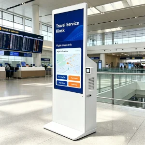 AIYOS Indoor Digital Signage Kiosk with QR Barcode Scanner 100W Audio Touch Screen CMS and Optional AI Voice Interaction