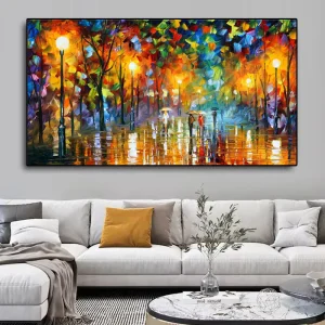 Abstract City Street Landscape Oil Painting Walk in Rain Wall Art Canvas Posters and Prints Modern Picture for Living Room Decor