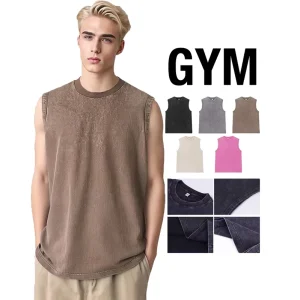 Acid Wash T Shirt Summer Gym Cotton T Shirt Breathable Anti Shrink Sleeveless Vintage Streetwear T Shirt