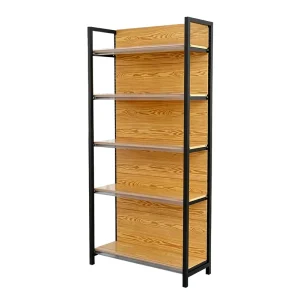 Adjustable 5 Layer Mobile Four column Steel Laminate Supermarket Shelf Display Rack Wood Grain Finish for Convenience Stores