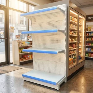 Adjustable Single-Sided Pegboard Metal Display Rack with White Board and Blue Edge for Beverages and Packaged Snacks
