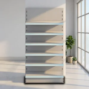 Adjustable Single-Sided Solid-Back Metal Display Rack with White Board and Light Blue Edge for Household and Cosmetic Goods
