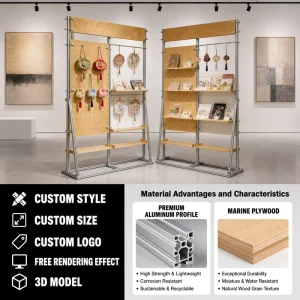 Aluminum Profile Birch Wood Panel Display Stand Floor standing Island Jewelry Display Rack Clothing Rack
