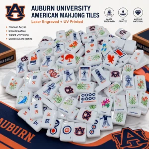 American Mahjong Set 1.44 Inch Single Layer White Acrylic Tiles 160 PCS Orange Navy University Theme Double Sided