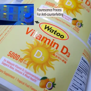 Anti Counterfeit Fluorescent Ink Wellness Container Stickers Velvet Touch Laminate Spot Glossy Varnish High Speed Roll Labels