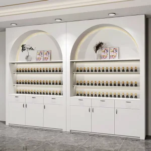 Arch Shape Lighted Wall Showcase With Multi Layers Storage Cabinet for Nail Salon Polish Wine Bottle Wall Display Unit
