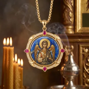 Archangel Gabriel Religious Brass Miniature Pendant Necklace with Figaro Chain for Pregnancy Blessing and Good News