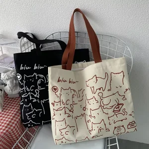 Art Design Cute Animal Hand Drawn Illustration Shoulder Bag & Backpack Literary Retro Style Large Capacity Canvas Bag