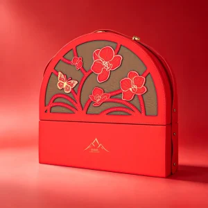 Artisan Red Embossed PU Leather Wine Mooncake Combo Gift Display Custom Packaging Box for Festival