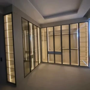 BALOM Custom Modern Luxury Walk in Closet with Glass Door & LED Light High End Bedroom Wardrobe Solution