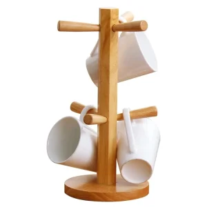 Bamboo Tree-Shaped Standing Mug Rack with 6 Hooks, Coffee and Tea Cup Storage Holder