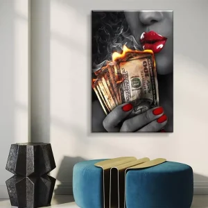 Banknotes Sexy Woman Smoking Wall Painting for Living Room Posters and Prints Fashion Sexy Lip Money Street Graffiti Home Decor