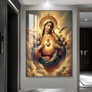 Baroque Virgin Mary Praying Portrait Hanging Wall Decor for Church Living Room Christian Religion Poster Crystal Paintings