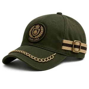 Baseball Cap Custom Logo Crown Shield Laurel Patch Badge Gold Chain Brim Military Vintage Washed Structured Curved Hat