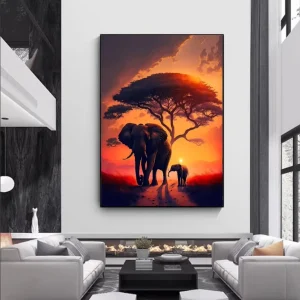 Beautiful Art Deco African Elephant Sunset Crystal Wall Art Wildlife Poster Print Home Decor Painting