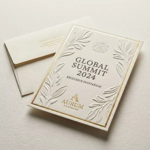 Bespoke Luxury Executive Summit Stationery Suite 3D Embossed Gold Foil Logo RSVP Details Card Thank You Card Envelope Set