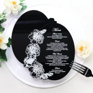 Black Acrylic Menu Card White Printed Floral Pattern Wedding Dinner Table Menu Place Card