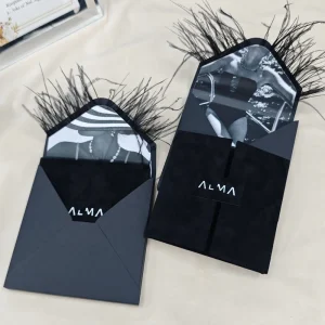 Black Feather Envelope Velvet Wedding Invitation Set Custom Logo Luxury Vintage Photo Fashion Brand Launch Invite Cards