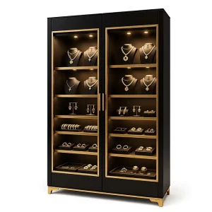Black Gold Jewelry Display Cabinet Double Door Glass Showcase Lockable Metal Glass Storage