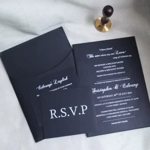 Black Hardcover Paper Wedding Invitation with Pocket Envelope for Marriage Ceremony