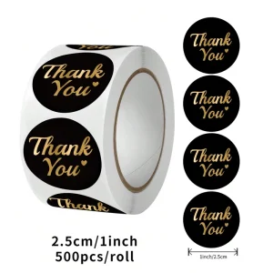 Black Matte Round Gold Foil Thank You Sticker Roll 500Pcs 1 Inch Elegant Cursive For Luxury Small Business Packaging Seals