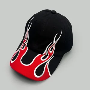Black Red Baseball Cap Hat with Custom Flame Embroidery for Outdoor Activities OEM