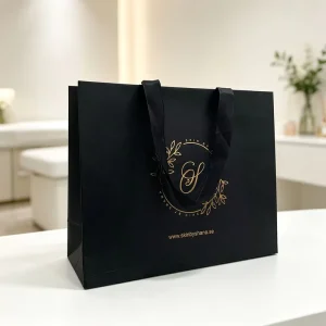 Black Specialty Paper Gift Bag Shopping Bag Custom Gold Foil Printed Logo with Handles for Beauty Skincare Salon Cosmetic