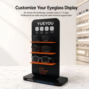 Black Vertical 3 Tier Smart Eyewear Display Stand Orange Accent Shelves Feature Icon Backboard Compact Footprint Counter Rack