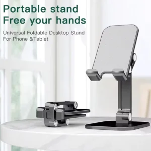 Black Wide Compatibility Adjustable Height Angle Fully Foldable Cell Phone Stand Holder Taller Mobile Stand for Desk