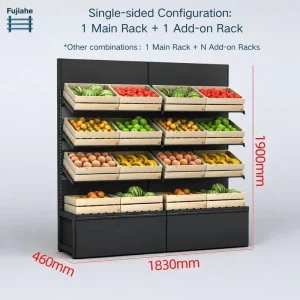 Black Wood Foldable Supermarket Rack Modern Wall Fruit Display Shelving with Angled Crates for Organic Store Deli Shop Fit Out