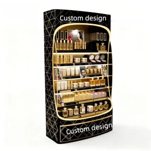 Black and Gold Retail Cosmetic Display Shelf for Perfume and Makeup