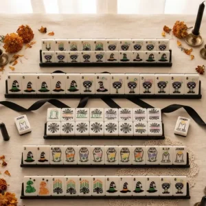 Black and White American Mahjong 166-Tile Set Spooky Ghost Joker Coffin Art Social Board Game Halloween Theme
