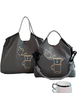Blue Bottle Coffee Cotton Canvas Bag Women Embroidered Shopper Checkered Rope Handle Handbag with Buckle Strap Daily Bag