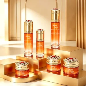 Blue Green Orange Red Glass Skincare Container Set 40ml 100ml 120ml Toner Lotion Pump Bottle and Cream Jar Set