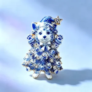 Blue White Porcelain Style Cat Christmas Tree Brooch Crystal Star Enamel Pin Gift