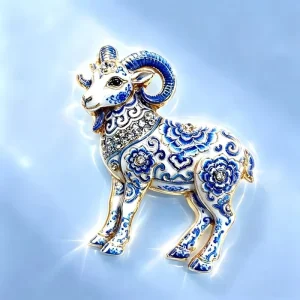 Blue White Porcelain Style Ram Brooch Enamel Rhinestone Inlaid Sheep Animal Lapel Pin Jewelry Gift