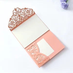 Blush Pink Tri Fold Laser Cut Wedding Invitation Blank Hollow Lace Die Cut Foldable Invitation Pocket Card For Wedding Party