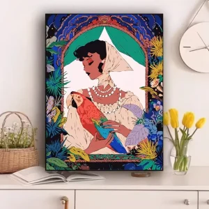 Boho Retro Woman Holding Colorful Parrot Tropical Leaves Flower Diamond Painting