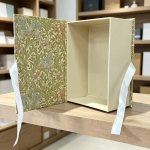 Book Style Floral Reusable Heavy Duty Paperboard Gift Box Watch Vintage Botanical Pattern Custom Initials Gold Foil Ribbon