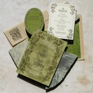 Botanical Garden Floral Illustrations Printing Green Paper Velvet And Letterpress Luxury Wedding Invitations Save The Date
