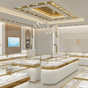 Boutique Jewelry Shop Interior Decoration Luxury Display Showcase Custom Counter Design 3D Rendering Furniture Layout