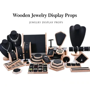 Boutique Store Rings Earrings Pendants Jewelry Display Stand Natural Wooden Display Black Velvet Showcase Set