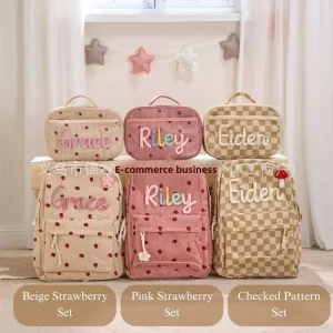 Breathable Chunky-Yarn Backpack with Corduroy, Strawberry Design and Polyester Lining