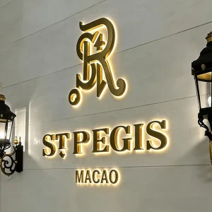 Brushed Gold 3D LED Backlit Signs Custom Fabricated Metal Channel Letter Signage for Boutique Hotel Lobby Brand Identity