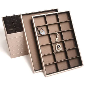 Brushed Gold Leather Jewelry Tray Set With Dark Brown Interior Professional Boutique Showcase Organizer Modular Storage