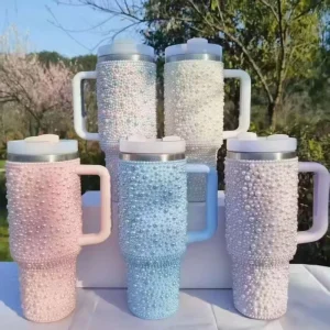 Bulk Creativity Customised Colorful Pearl Rhinestone 40oz Insulated Stainless Steel Tumbler 12-24 Hours Thermal